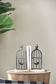 S/2 5.5x4.5x10" Distressed Black Bird Cage Bookend, Antique white