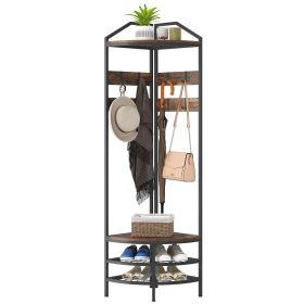 Corner Hall Tree, Industrial 4-Tier Coat Rack with Shoe Storage, 8 Movable Hooks and 2 Shelves for Hallway, Rustic Brown