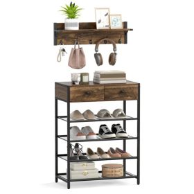 Multifunctional Entryway Storage - 5-Hook Coat Rack + 2-Drawer Shoe Stand with 4 Mesh Shelves