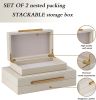 Set of 2 Beige Shagreen Decorative Storage Boxes with Gold Metal Handles – Faux Leather Jewelry Memory Boxes
