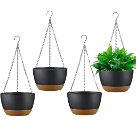 4Pcs Hanging Planter With 9.64In Diameter Drainage Holes Removable Self-Watering Tray Plastic Hanging Flower Plant Pots For Indoor Outdoor Herb I (Option: PlantHanger)