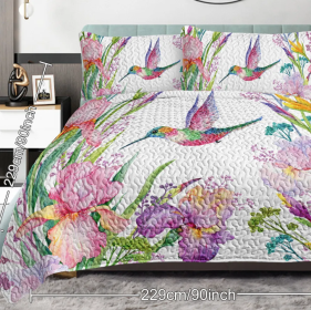 3pcs Colorful Bird Flower Design Quilt Set Soft Warm Bedding Set Include 1 Quilt And 2 Pillowcases For Home Bedroom Decor All Season (Option: Queen-pink)
