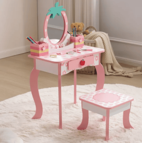 White MDF Spray-painted 1-drawer 2-desktop Storage Box Children's Dressing Table Set With Apple Print (Option: defaulttitle)