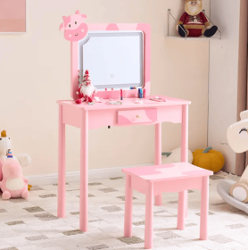 Pink MDF + Solid Wood Legs, Spray Paint + Silkscreen Printing, Cow Pattern, 1-drawer Children's Dressing Table Set, LED Three-color Backlit Touch (Option: defaulttitle)